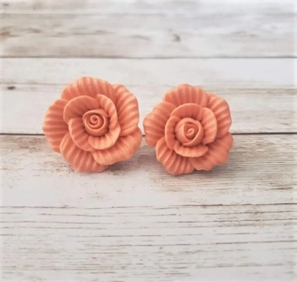 Vintage Clip On Earrings - Large Ceramic 3D Peach Pink Flower